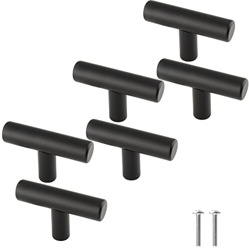 Cjueiom 6 Pack Matt Black Cupboard Knobs & Pull Handles, 50mm Length | T Bar, Stainless Steel, For Kitchen & Bedroom Drawer & Wardrobe Door & Closet