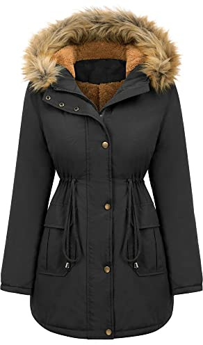 Vagbalena Cappotto Donna Invernale Imbottito in Lana d'Agnello Caldo Cappotto di Pelliccia Parka Cappuccio Giacca Donna Invernale Giacca a Vento Impermeabile Antivento Parka con Cappuccio (Nero,XXL)