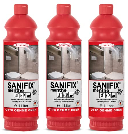 Lorito Sanifix Menthe Sanitärreiniger, 3x 1 Liter Konzentrat, Duftreiniger für säurebeständige Oberflächen, Entfernung von Urin, Kalk, Fett und Öl