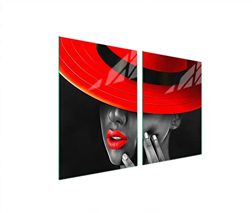 DarHaus Herdabdeckplatten 45x52 cm 2-teilig Ceranfeldabdeckung Induktion Herdschutz Spritzschutz Glasplatte Deko Schneidebrett, Frau Rot