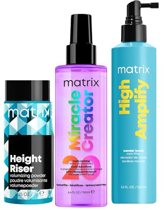 Matrix Styling Heat Protection spray, Miracle Creator 20 190ml, High Amplify Wonderboost volumising spray 250ml and Height riser volumising powder 7g for Prep, Style and Finish hair styling