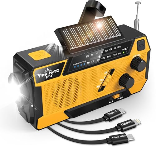Yestiwc 2000mAh NOAA Emergency Crank Radio with 3 Built-in Cables, Emergency Weather radio with Phone Charger, Solar Charge, Hand Crank & Battery Operated, SOS Alarm&Flashlight for Hurricane Emergency
