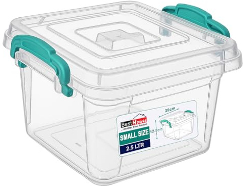 Best House | Small Plastic Storage Box with Clips & Lids | Size: 2.5L (L:20cm W:20.5cm H:12.3cm) | Set of 3 | Square Shape |Stackable Clear Multipurpose Home Office Kitchen Tools Crafts (2.5 Litres)