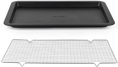Salter COMBO-8947 Bakes Baking Tray & Cooling Rack Set – 37 cm Non-Stick Coated Flat Oven Sheet, 41 cm Carbon Steel Metal Wire Cake Tray, Bake & Roast Vegetables/Biscuits/Pastries, PFOA-Free, Black