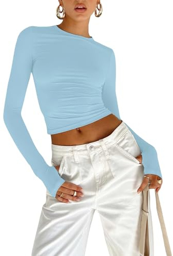 OYIGELZ Langarmshirt Damen Basic T-Shirt Langarm Crop Top Y2K Slim Fit Oberteile Casual Rundhals Tee Shirt(Himmelblau-b,S)