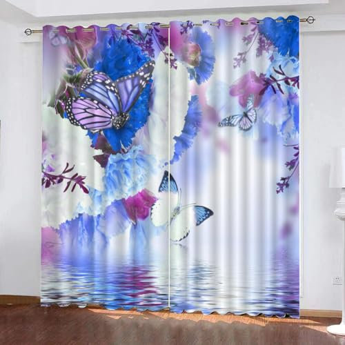 GIOVIA 3D Schmetterling Vorhänge Abdunkelnde Blumen Schmetterlinge Kindervorhänge Vorhang mit ösen 2er Set Gardinen Blickdicht Verdunkelungs für Kinderzimmer Schlafzimmer Wohnzimmer B 110 X H 95 cm
