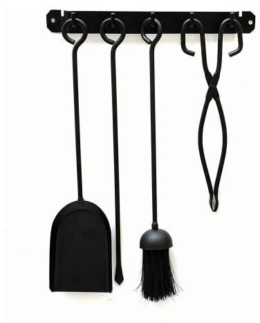 AuraHome Fireplace Tools Companion Set Wrought Iron Wall Mountable Brush Poker Shovel Tongs & Wall Mounting Hanger 36cm Wide Hearth Tidy