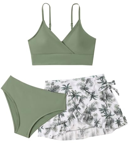 Ensemble 3 Pièces Maillot de Bain Ado Fille 8-14 Ans - Haut + Bas Tanga + Jupe pour Natation Piscine Sport Plage