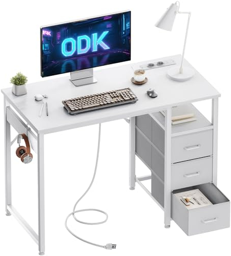 ODK Kleiner Schreibtisch mit 3 Schubladen aus Stoff, 100x48x75,5 cm Computertisch mit 2 Steckdosen und USB-Anschlüssen, Umkehrbarer PC-Schreibtisch Bürotisch für kleines Home Office, Weiß