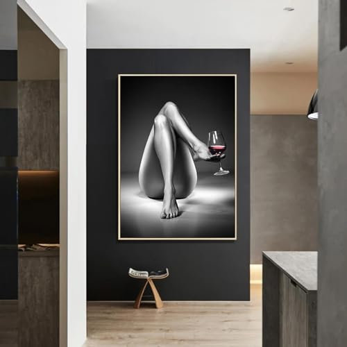 HOLEILUCK Leinwanddrucke, nackte Frau, Weinglas, Gemälde, schwarz, weiß, sexy Mädchen, Poster, Wandkunst, moderne Bilder für Wohnzimmerdekoration, 50 x 65 cm, Kunstdrucke, ungerahmt