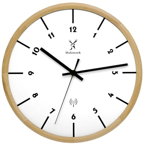 Holzwerk Natural Wood Radio-Controlled Wall Clock Wooden Clock Vintage Radio Controlled Clock Silent Movement without Ticking Noises Beech White Silent Scandinavian Design Handmade Solid Wood 32 cm