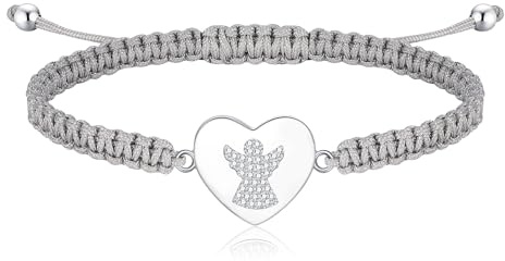 Jrêveinfini Ange Gardien Bracelet Femme Enfant Fille Maman Argent 925, Bracelet Bijoux Porte Bonheur Femme, Bracelet Noir Cordon Cœur Amitié Mere Fille Cadeau Communion Baptême Anniversaire Femme