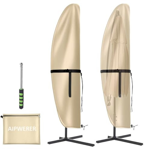 Aipwerer Copri Ombrellone da Giardino, Copertura per Ombrelloni Esterno, Impermeabile, Antivento, Anti-UV con Cerniera e Palo per Ombrelloni a Braccio Decentrato Beige 190X30/81/46cm