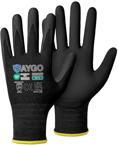 KAYGO Safety Work Gloves MicroFoam Nitrile Coated 3 Pairs, KG18NH | 15G Seamless Knit Nylon Liner, Breathable, High Dexterity, Non-Slip Grip in Oily for Warehouse, Automotive, DIY (Black, L)