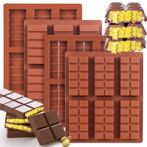 4 Stück, 6 Vertiefungen, Silikon-Schokoladenform, extra tief, Pralinenform, Silikonform für Müsliriegel, Schokoladenform, Antihaft-Beschichtung für Kinderparty und für Kinder
