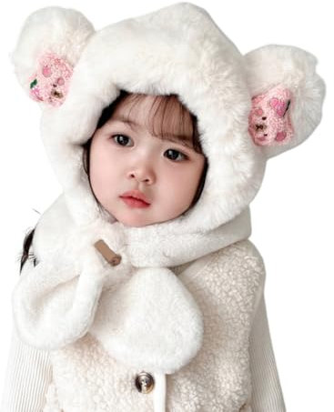 Kinder Schal, Winter Mützenschal Einteilige Gehörschutzkappe Cartoon Bär Kapuzenschal Kinder Wintermütze und Schal Set Cartoon Schlupfmütze Babymütze Wintermütze Mütze Schal für Kinder Mädchen