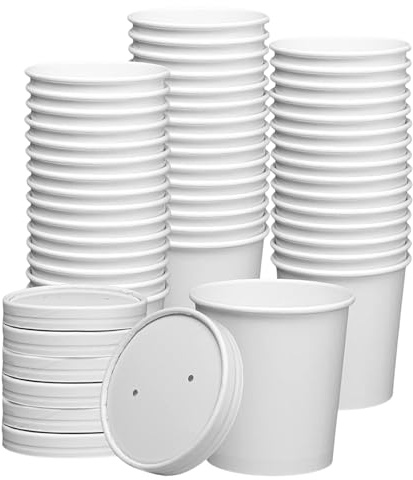 CaterCo Disposable White Soup Containers with Lids - (16oz / 470ml - 50 Pack) White Paper Takeaway Paper Soup Cups, Microwave & Freezer Safe Ice Cream Bowl, Eco-Friendly (16oz / 470ml - 50 Pack)