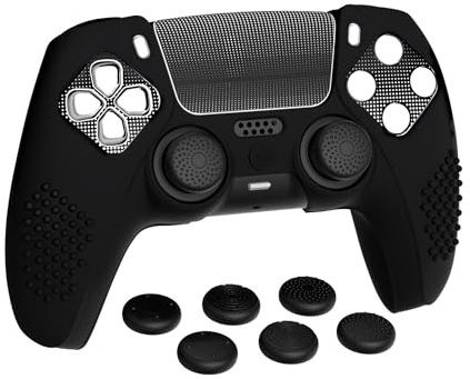 PlayVital Cover Joystick per ps5 Controller,Custodia Silicone Antiscivolo con 6 Copri Analogici e Adesivi Touchpad-Compatibile con Stazione di Ricarica-3D Borchiate,Nero