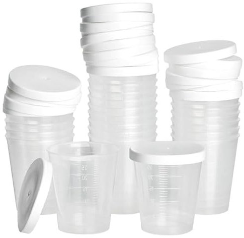 50 Mini-Becher mit Deckel · 30ml mit Mengenskala · Schnapsgläser · Medikamentenbecher · Mischbecher · Dosierhilfe · Sortierbecher