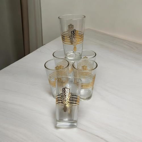 MIELIMON Set de 12 vasos de cristal para te de 150ml pintados a mano vasos fuertes para tomar el te marroqui (dorado)