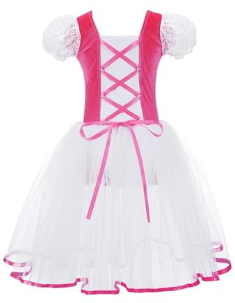 AHUFGN Mädchen Ballettrock Professionelle Mädchen Ballett Tutu Kleid Samt Body Mesh Rock Kurze Puffärmel Tanz Gymnastik Trikot Kostüme(Pink,4(90-100cm high))