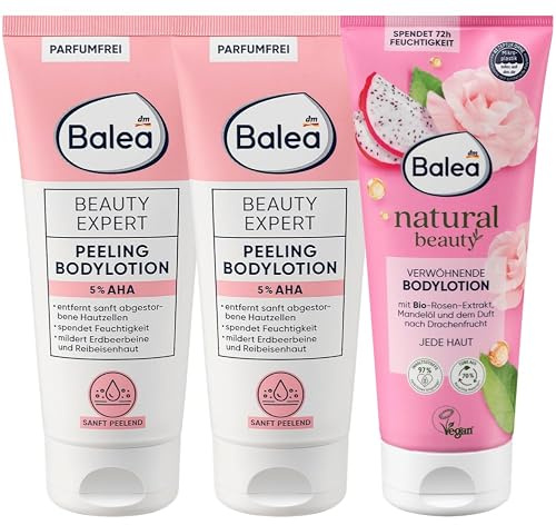 Balea 3er-Set Hautpflege: Soft-Öl Balsam Lovely Vanilla beruhigt sehr trockene Haut mit Macadamianussöl, 200 ml + 2 x Verwöhnende Bodylotion Natural Beauty Rose Mandelöl Drachenfrucht, 200 ml (600 ml)