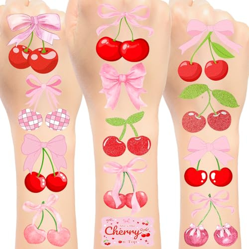 144 PCS Cherry Temporary Tattoos Stickers, Cherry Party Favors Birthday Party Decorations She's The Cherry On Top Theme Tattoos Summer Fruit Cherries Party Supplies for Kids Girls, 24 Sheets