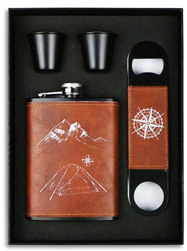 Flachmann für Herren, 9oz Lederflasche Geschenkset, 304 Edelstahl-Flachmann-Set mit Weinbecher Auslaufsicher Taschenkolben Alkoholflasche für Whiskey Wein Wodka Outdoor Camping