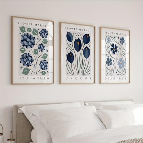 Ueiwffzo 3er Poster Set Wandbilder, Blau Florale Leinwanddrucke Poster Set, Ästhetische Leinwand Bilder Für Schlafzimmer Decor, Ohne Rahmen (50x70cm)