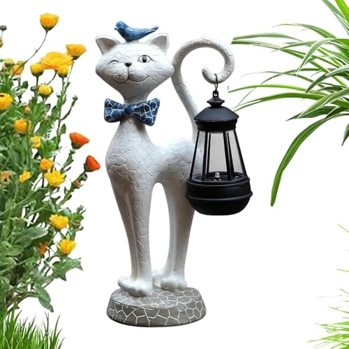 Lampe solaire de jardin en forme de chat – Figurine de chaton en résine avec lanterne LED | Ornement extérieur étanche | Statue solaire décorative pour terrasse, balcon, pelouse et jardin pour la
