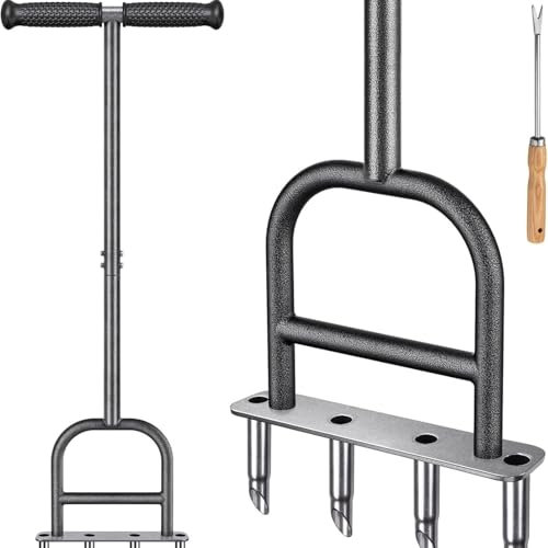 Inoamity Rasenlüfter Manuell Edelstahl mit 4 Zinken, Rasen Belüftung Aerifizierer mit Grasfangkorb für Garten & Sportplatz - T-Griff Handrasenbelüfter für Auflockerung Boden/Verbesserung de Rasen