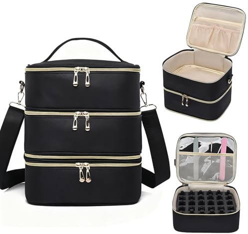 Nail Polish Organizer Bag Removable Nail Varnish Storage 3-Layer Holds 60 Bottles Nail Polish Storage Waterproof Oxford Fabric Nail Kit Bag for Nail Supplies Portable Nail Bag Carrying Case - Black