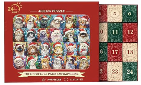Jigsaw Puzzle Advent Calendar 2025, 1000 Pieces 24 Days Countdown to Christmas Cat Pattern Jigsaw Puzzles Advent Calendar for Adults Teen