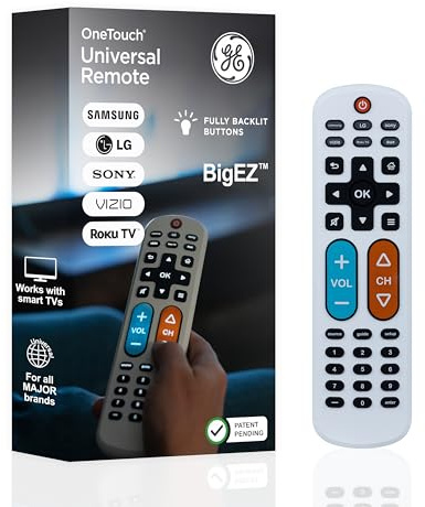 GE BigEZ OneTouch Big Button Universal TV Remote for Seniors, Easy to Use, Replacement Remote for Samsung, LG, Sony, Vizio, Roku TV, Streaming Players, Backlit Buttons, 2 Device, White, 84666 | Replacement Remote for Samsung, LG, Sony, Vizio, Roku TV, Streaming Players, Backlit Buttons, 2 Device, White, 84666