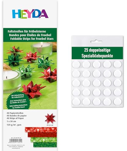 Heyda Faltstreifen für Fröbelsterne – 48 Streifen, 1 x 30 cm, 120 g/m² – beidseitig bedruckt – Bastelpapier Set für 12 Sterne – mit Anleitung – inklusive 25 Klebepunkten (rot-grün 1x30cm)