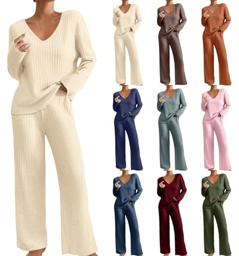 Conjunto de dos piezas de punto para mujer, traje de casa de rayas para mujer, ropa de punto para el hogar, elegante, de un solo color, con bolsillos, pantalón ancho, ropa de estar por casa, elegante