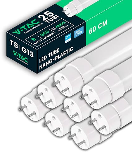 V-TAC 25 Tubi LED 60 CM attacco G13-9W - 850 Lumen - [ 25 PEZZI ] - Chip Samsung - Tubi LED per Soffitto, Parete, Garage, Negozio - Tubo forma T8 - Sostituzione Neon - Luce Naturale 4000K