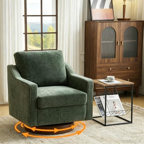 Bonnlo Swivel Armchair, Mid-Century Modern Comfy Accent Chair, 360°Upholstered Thick Cushion Small Tub Chair, Comfortable Lounge Chair with Track Arms Perfect for Bedroom, Apartment, Office, Green