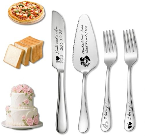 Takuno Personalised Wedding Cake Cutting Set Custom Cake Knife and Server Set Engraved Stainless Steel Knife and Fork Customised Gifts for Wedding Birthday Anniversary(4Pcs,Silver)