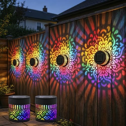 Flossty Solar Mandala Wandleuchte, Mandala-Projektionswandleuchte mit sieben Farbwechseln, für den Außenbereich, wasserdicht, Metallzaunlichter für Hof, Garten, Pfosten, Terrasse (2 Stück)