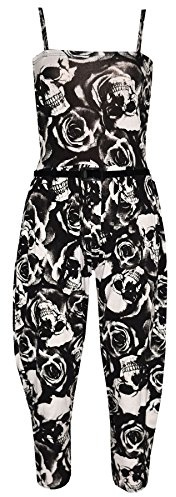 Flickor jumpsuit barn blommig leopard aztek tribal tryck trendig lekdräkt allt i en ålder 7 8 9 10 11 12 13 år, Skalle och rosor, 11-12 År