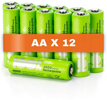 Batterie Ricaricabili AA - Set da 12 - Serie 2600 | 100% PeakPower | Pile Stilo NIMH AA - Alta Capacità