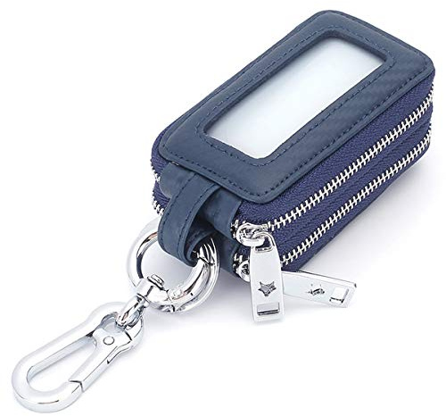 Aileder Autoschlüsseletui echtes Leder Autoschlüssel-Geldbörse Schlüsselanhänger Halter mit Metallhaken und Fenster, Doppelreißverschlusstasche für Autofobs und Hausschlüssel