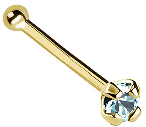 Jewelry Avalanche 22G Solid 14Kt Gold Nose Bone Stud with Prong Set real Aquamarine Gemstone, 14kt Yellow Gold or 14kt White Gold - March Birthstone Nose Ring-NBYG_AQM-1.5MM