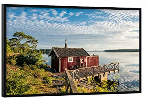 artboxONE Poster mit schwarzem Rahmen 90x60 cm Natur Rote Holzhütte - Bild schären holzhaus Insel