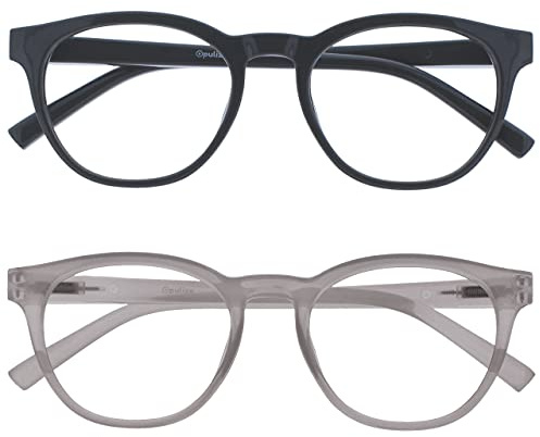 OPULIZE BLU Blaulichtfilter Lesebrille für Damen Herren, Blendfreie UV400-Schutz Federscharnier Anti-Müdigkeit, Runder Rahmen, Computerbrillen Gaming, 2er-Pack Grau Eis +0,00