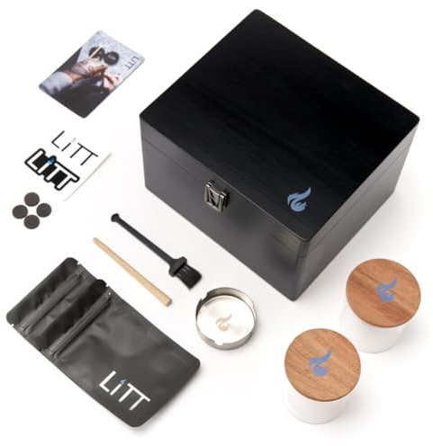 LITT Stash Roll Box - Large Portable Wooden Storage Box with Built-in Wooden Tray and Lid - Handcrafted Rolling Accessory Organiser with Storage Compartments (Black)