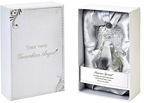 Thank you Guardian Angel with Heart Figurine transparent Crystal Ornament for Home, Outdoor Garden & Office | Glass Statue Religious Heart-Warming Caption in Gift Box | Home Decor Gifts, One Size