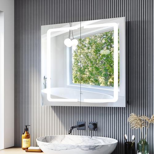SONNI LED spegelskåp 70 x 65 cm rostfritt stål badrum, badrum med belysning och uttag med vippströmbrytare trådlös gångjärnsdesign