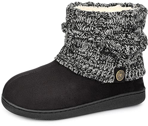 FamilyFairy Women's Woolen Yarn Knit Bootie Slippers Comfy Warm Plush Fleece Memory Foam House Shoes for Indoor Outdoor Black, 9-10